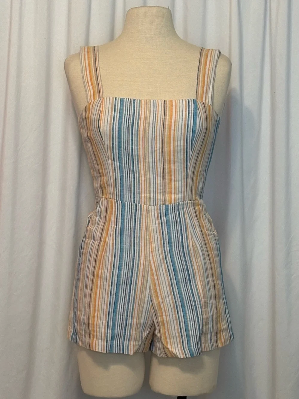 Reformation Island Linen Striped Shorts Romper in Marbella Orange & Blue